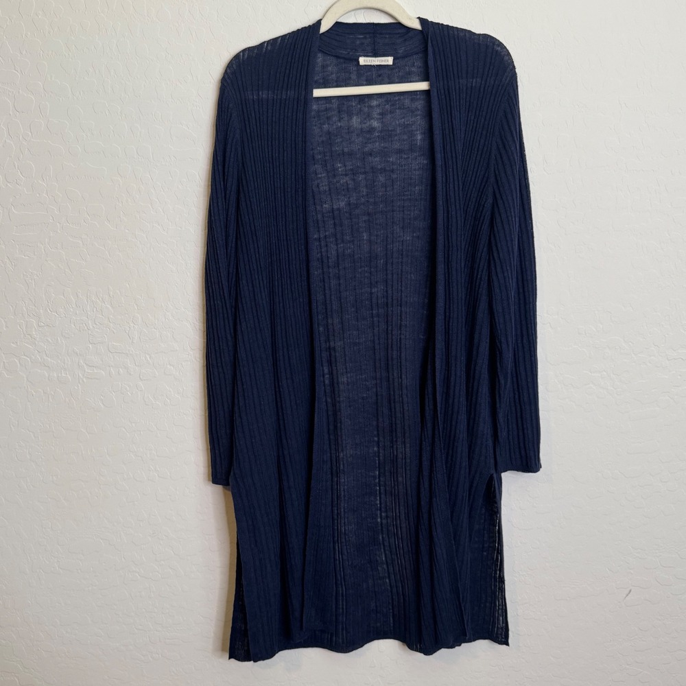 Eileen Fisher Womens Linen Blend Cardigan OS Navy Blue Good Ribbed Open Duster